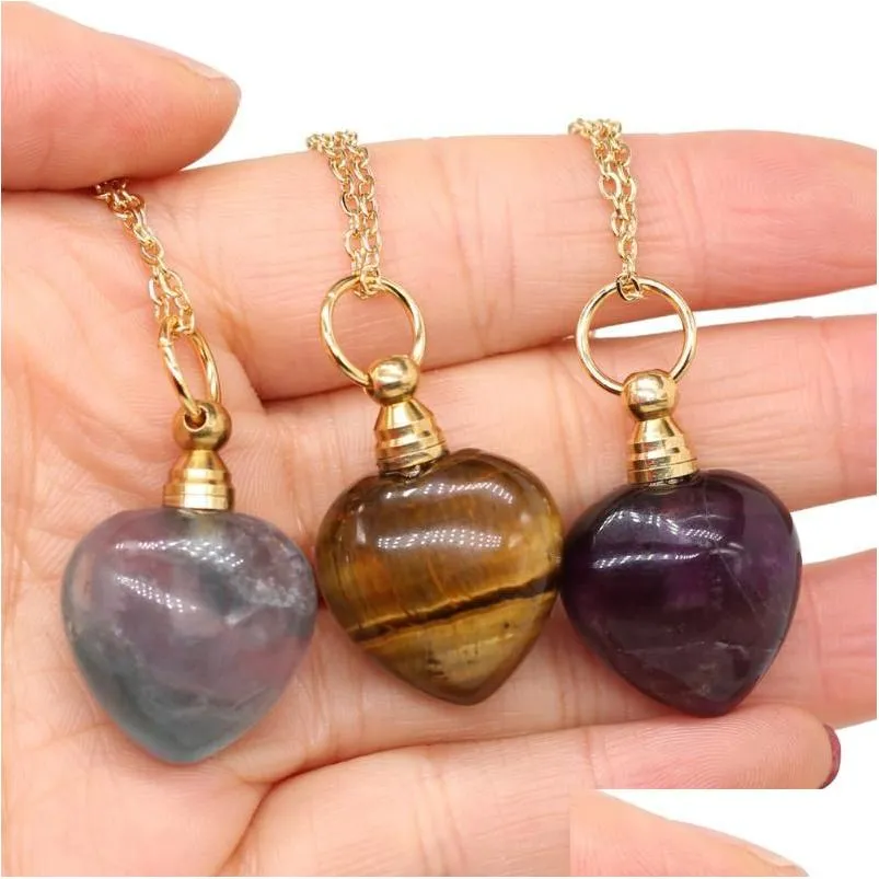 pendant necklaces 1pcs natural stone agates perfume bottle 60cm necklace tiger eye amethysts /fluorite jewelry gift size 22x33mm