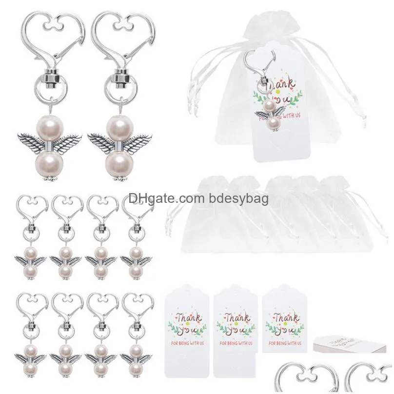 20pcs/set angel keychain favors with thank you kraft tag white organza bags for girl boy baptism wedding party favors