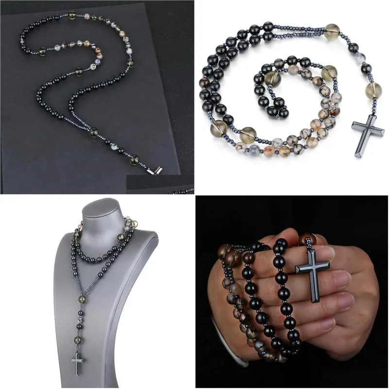 pendant necklaces black onyx dragon agate smoky crystal natural stone prayer beads chain rosary necklace hematite cross chaplet