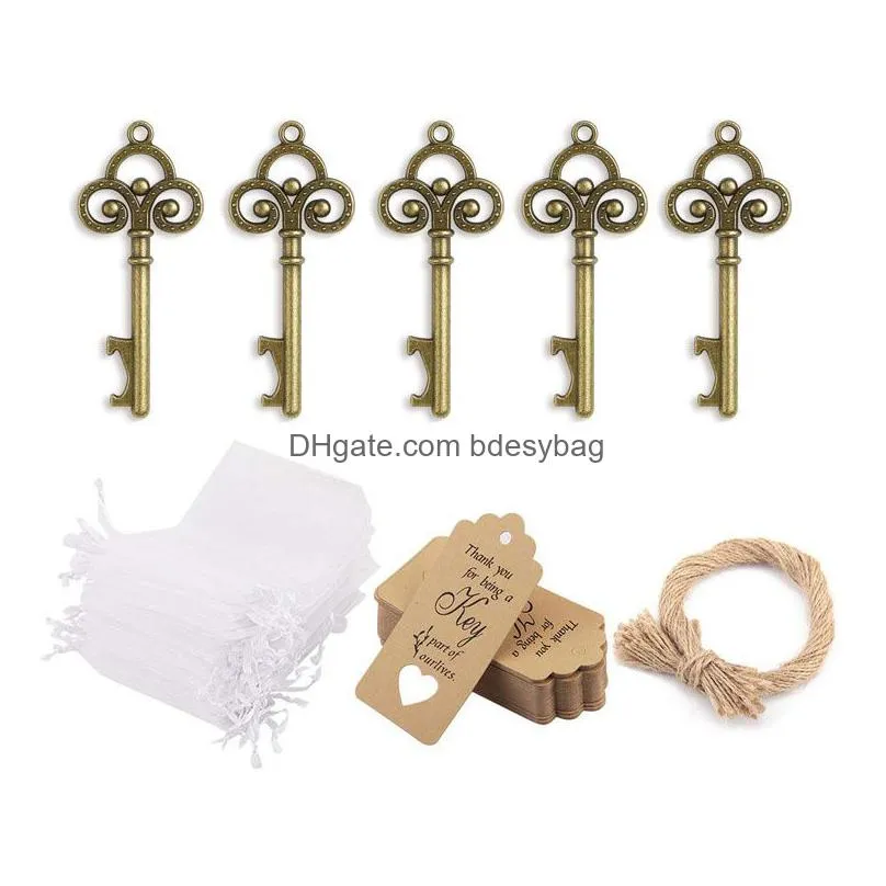 50pcs bottle opener keychain wedding party favors for guest vintage zinc alloy key pendant wedding supplies