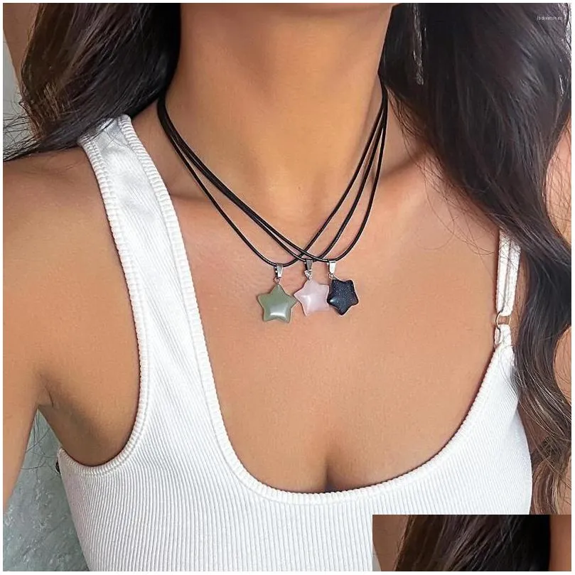 pendant necklaces ingesight.z simple colorful glass big star necklace for women goth black leather wax thread choker party y2k
