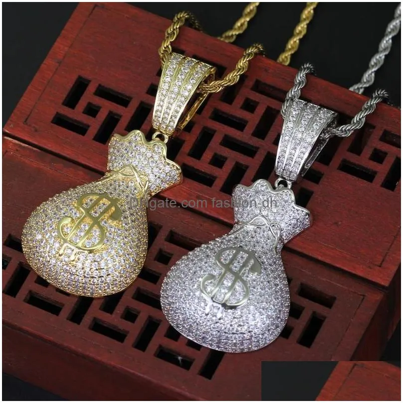pendant necklaces iced out chain money bag mens gold silver color necklace bling zirconia simulated diamond hip hop jewelrypendant