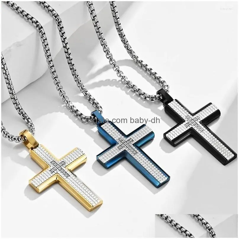 pendant necklaces artistic jewelry wholesale engrave cnc inlaid zircon stainless steel blue layer plaid men cross necklace