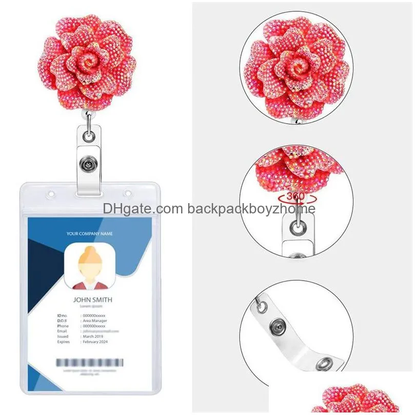 retractable badge holder with alligator clip flower shaped ab rhinestones 24 inch retractable cord id badges reel for school office