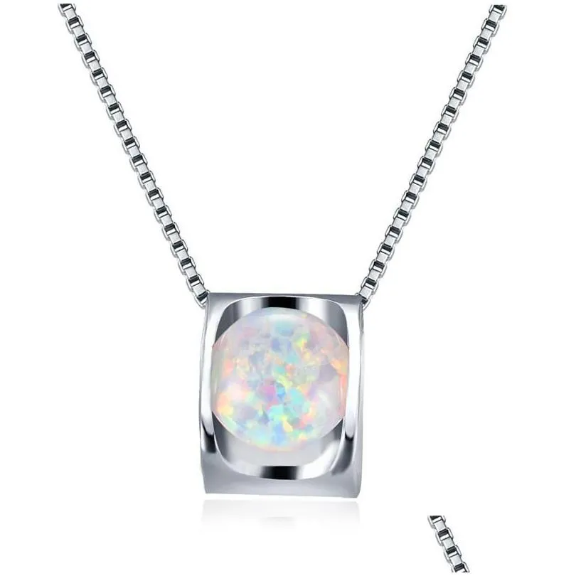 pendant necklaces bamos fashion female silver color blue/white round opal necklace wedding jewelry for women giftspendant
