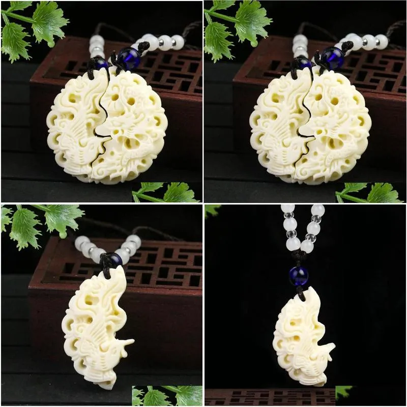 pendant necklaces 1set natural ivory nut cameo phoenix loong necklace phytelephas macrocarpa seed tagua couple lover wedding jewelry