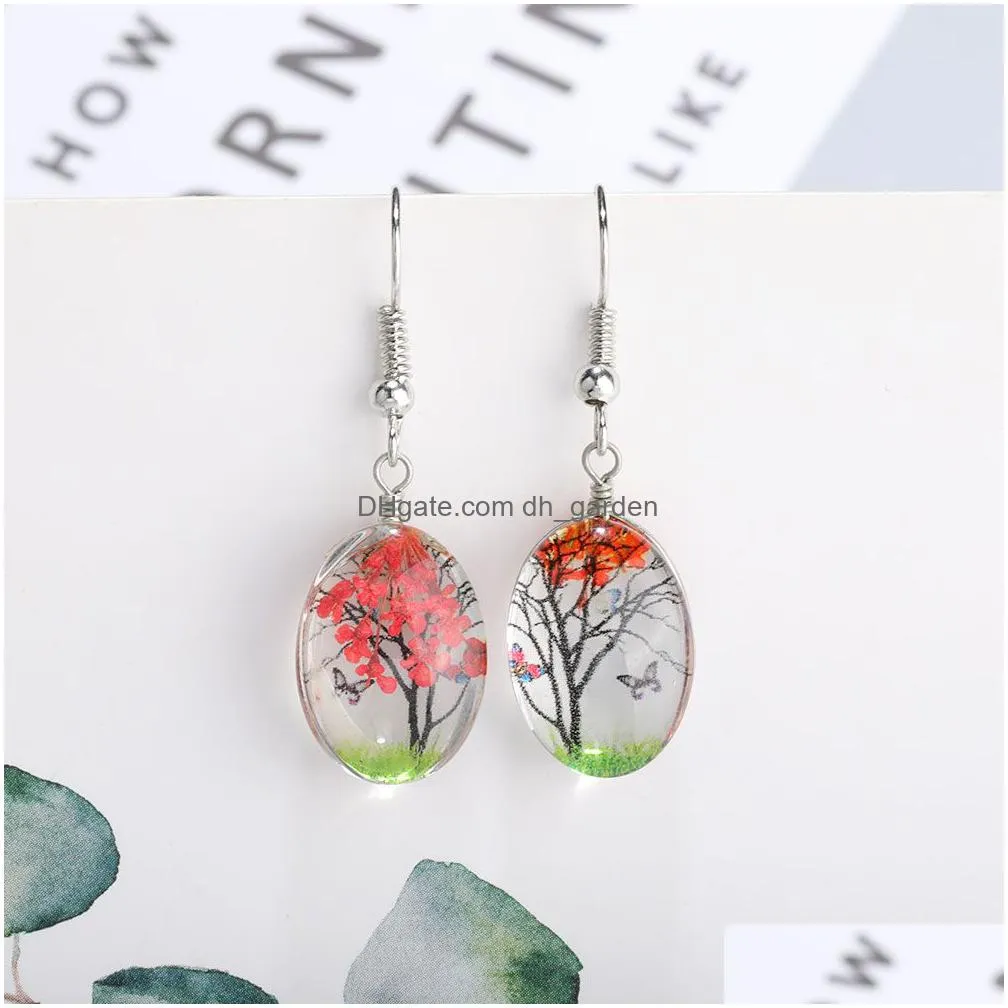 fashion  dried flower charms earrings life trees dangle earring glass oval ball drop ear creative jewelry gift