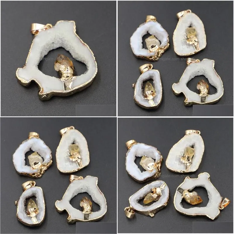 pendant necklaces irregularly shaped stone geodess agates sliced inlaid with natural citrines dots elegant quartz jewelry