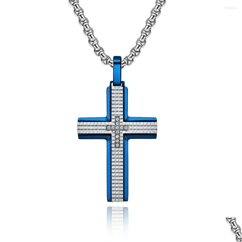 pendant necklaces artistic jewelry wholesale engrave cnc inlaid zircon stainless steel blue layer plaid men cross necklace