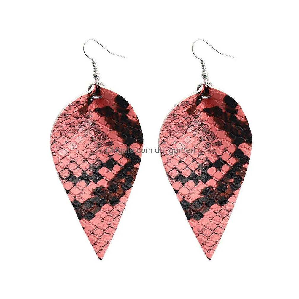 fashion pu leaf leather dangle earrings for women snake skin pattern multi colors leather bohemia double side hook earrings jewelry