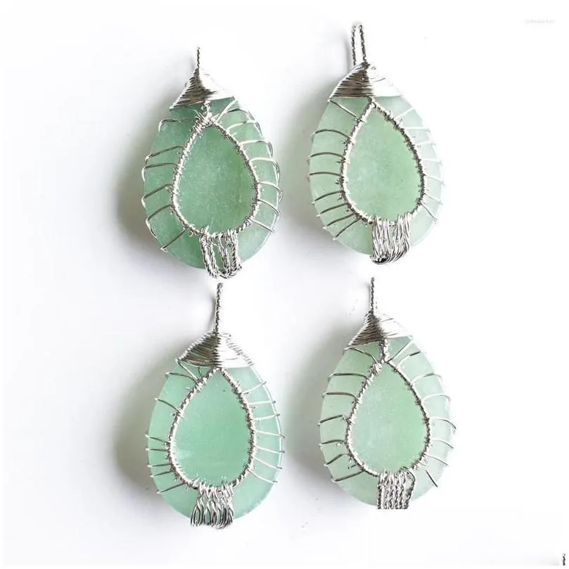 pendant necklaces wholesale 4pcs/lot white color wire wrap handmade tree of life drop shape natural green aventurine pendants