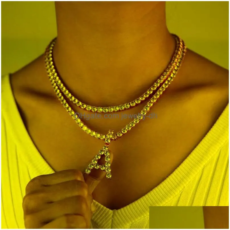 pendant necklaces fashion hip hop men women pink cz letter charm iced out cubic zirconia 5mm tennis chain jewelrypendant