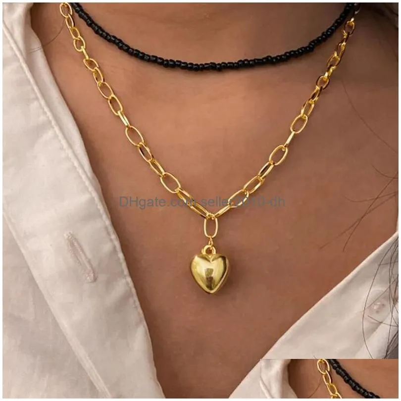 pendant necklaces unique black beads gold silver color heart stacking double layered chain for women collars collier jewelry