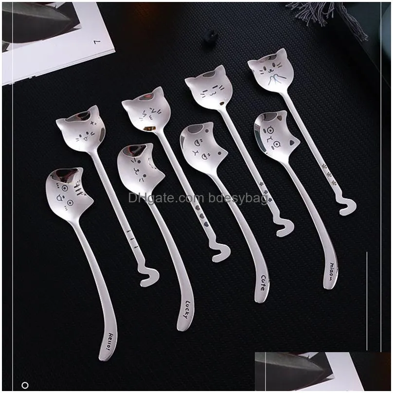 cat engraved spoons stainless steel teaspoon coffee stirring spoon for kitchen dessert mixing tea strong cereal cat lovers gifts