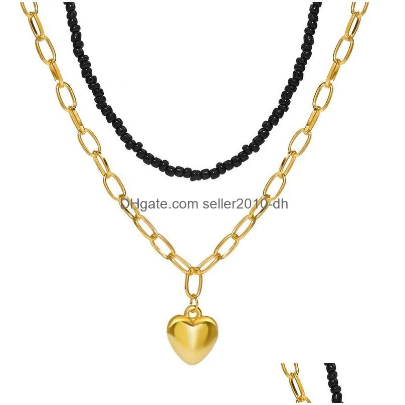 pendant necklaces unique black beads gold silver color heart stacking double layered chain for women collars collier jewelry