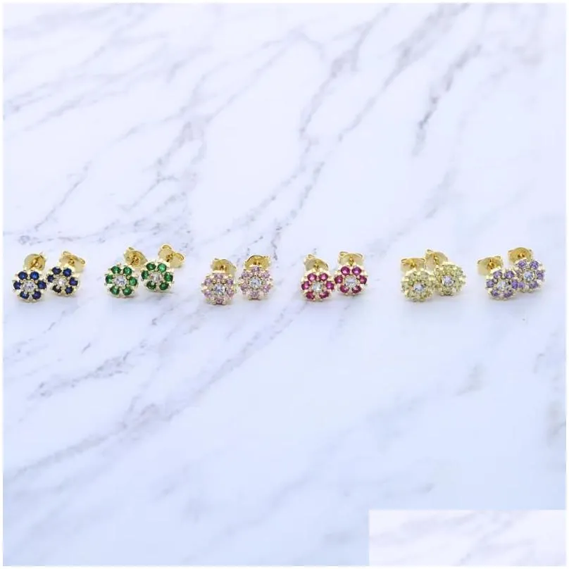 high quality 5a cubic zirconia cz colorful flower earring for women red pink green pastel color flowers fashion jewelry stud