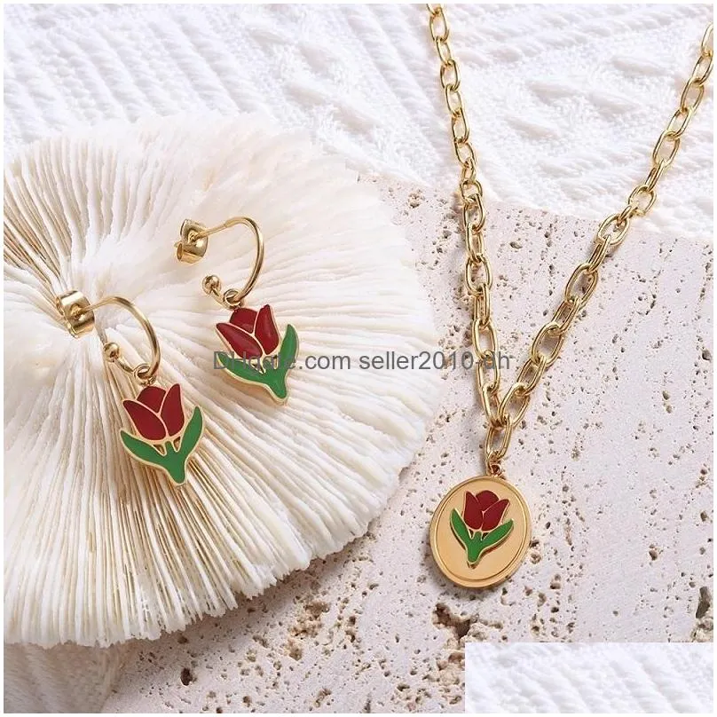 pendant necklaces vintage tulip chain titanium steel 18k gold necklace flower earring jewelry for women girl party giftpendant