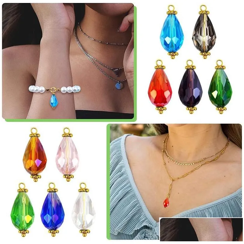pendant necklaces 50pcs oval teardrop crystal bead colorful faceted glass dangle pendants with golden cap for earring necklace jewelry
