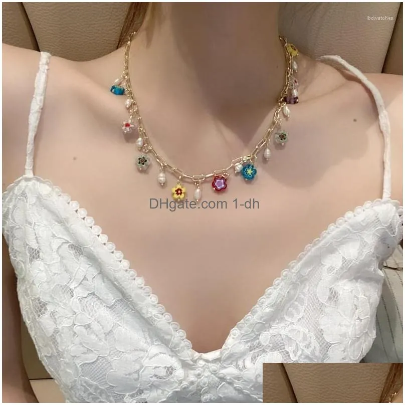 pendant necklaces mengjiqiao korean coloured glaze flower choker necklace for women lades fashion metal chain party jewelry gifts