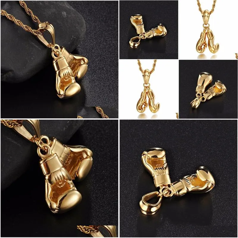 pendant necklaces granny chic hip hop mens boys necklace gold color stainless steel chain pair boxing glove fashion sport fitness