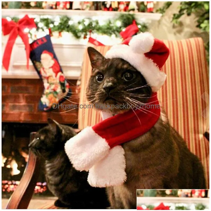 merry christmas pet hats puppy santa hat scarf set kitty winter warm neckchief small pets chritsmas costume set