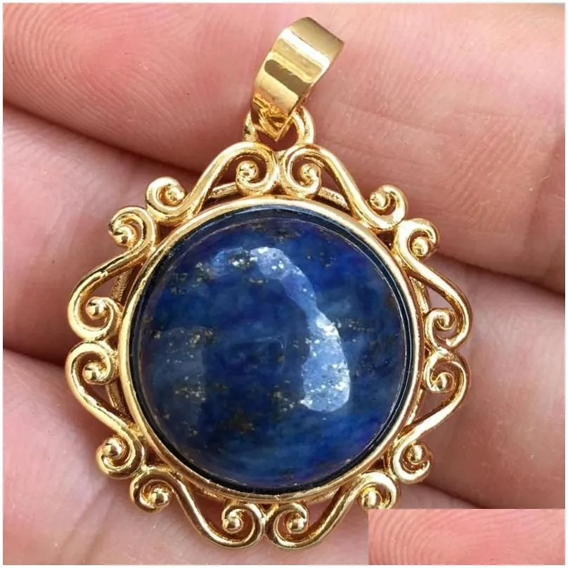pendant necklaces aventurine shell lapis lazuli tiger eye crystal goldstone howlite opal round bead 1pcs wfh747