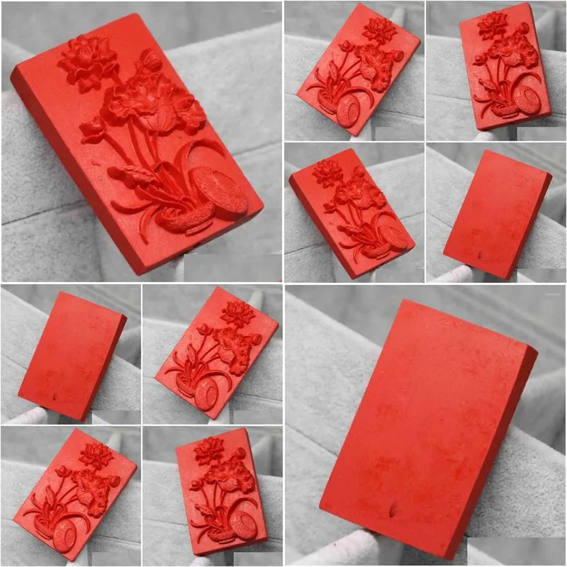 pendant necklaces carving lotus flower vintage synthetic red cinnabar rectangle fit for necklace jewelry making 36 56mmb1540