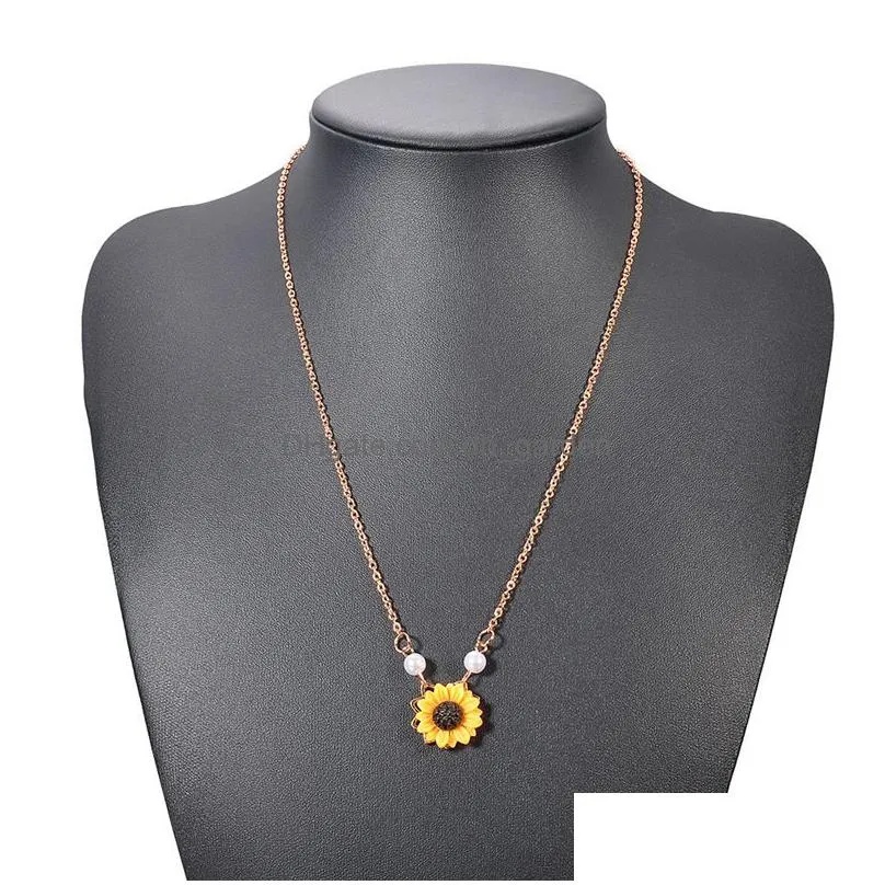 sweet sunflower imitation pearl sweater necklaces pendants yellow flower pendant jewelry necklace for women