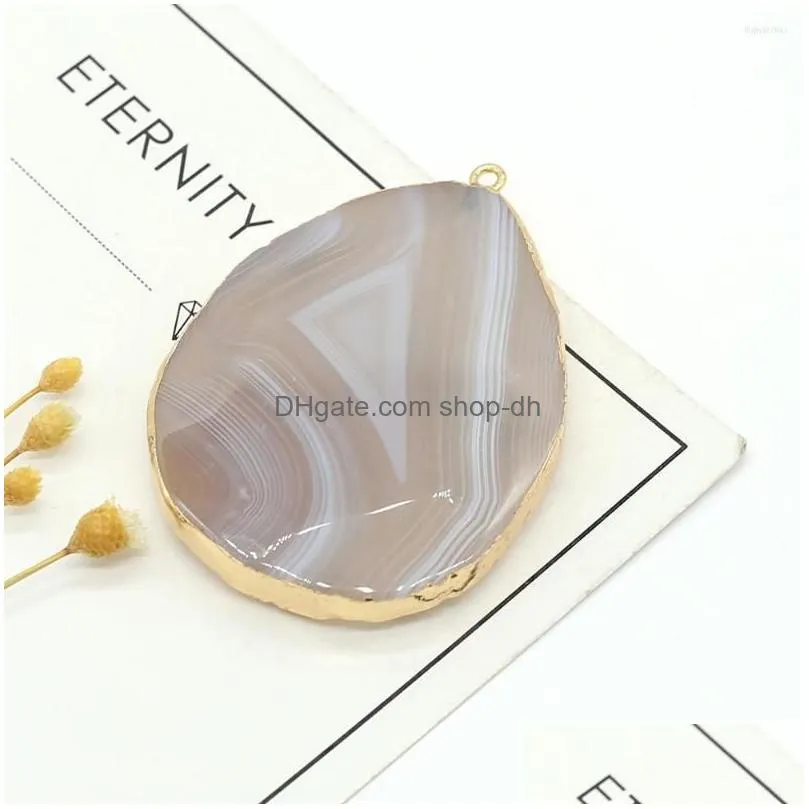 pendant necklaces natural stone oval shape gilt edge grey agate charms for diy bracelets jewelry making accessories size 40x55mm