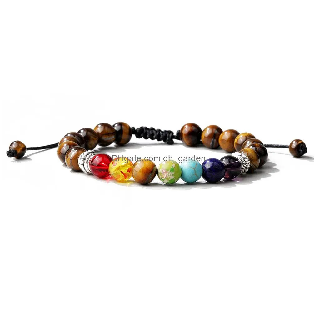 tiger eye stone beaded bracelet adjustable strands braided rope 8mm men women yoga 7 chakra healing balance bracelets