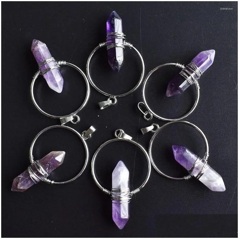 pendant necklaces natural stone healing pointed hexagonal column circle winding wire crystal women yoga jewelry 6pcs