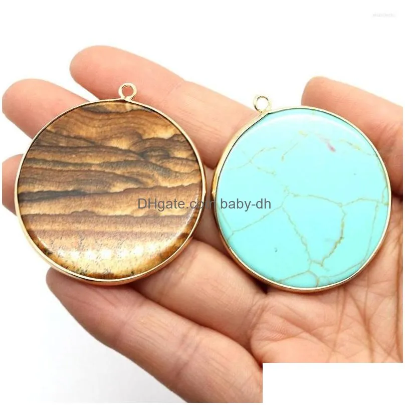 pendant necklaces 1pc 14 colors flat round shaped pendants natural semiprecious stone gold color edge diy for making necklace earrings