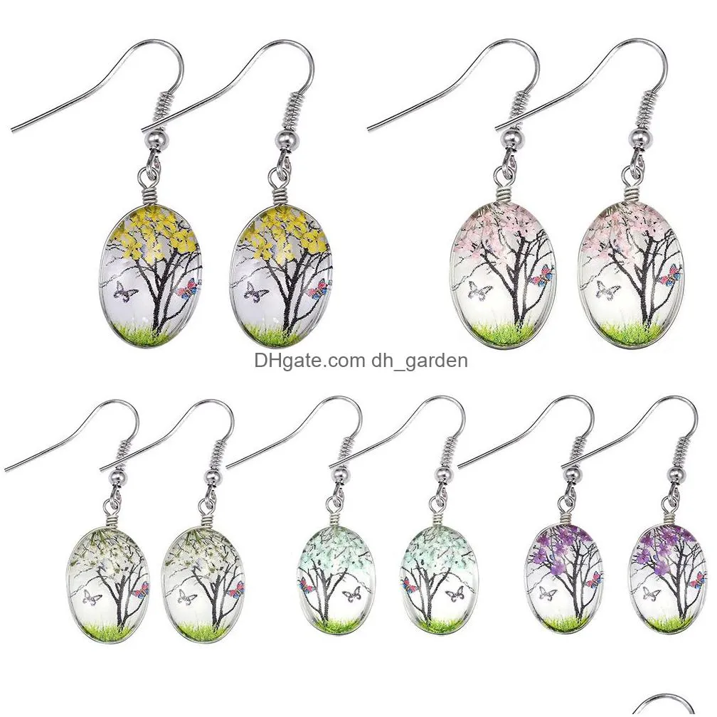 fashion  dried flower charms earrings life trees dangle earring glass oval ball drop ear creative jewelry gift