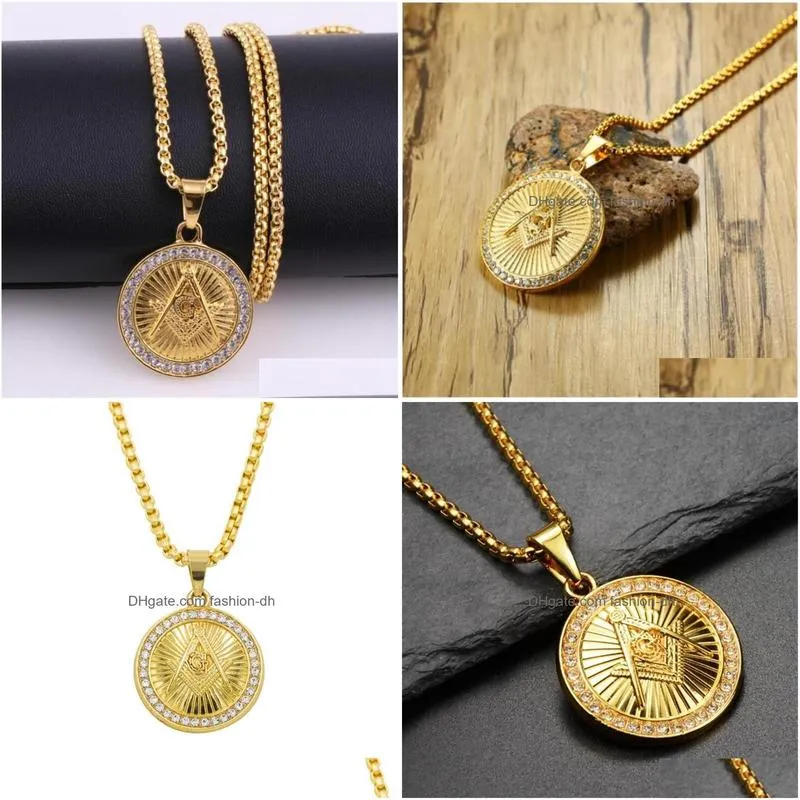 pendant necklaces mens classic punk gold plated mason round medal necklace hip hop style rock party jewelrypendant