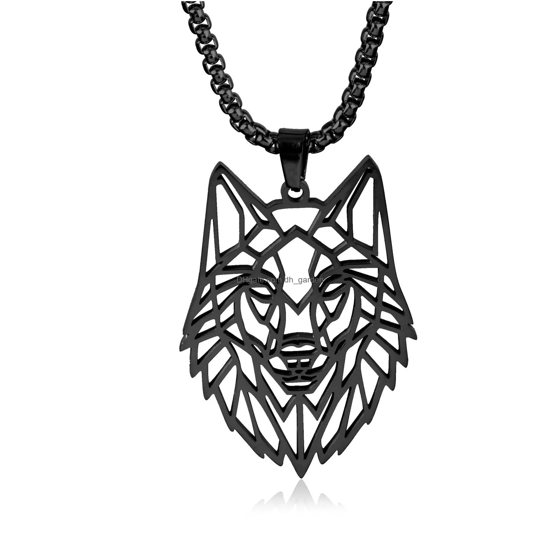 hollow wolf head pendant necklace for men personality punk style stainless steel jewelry