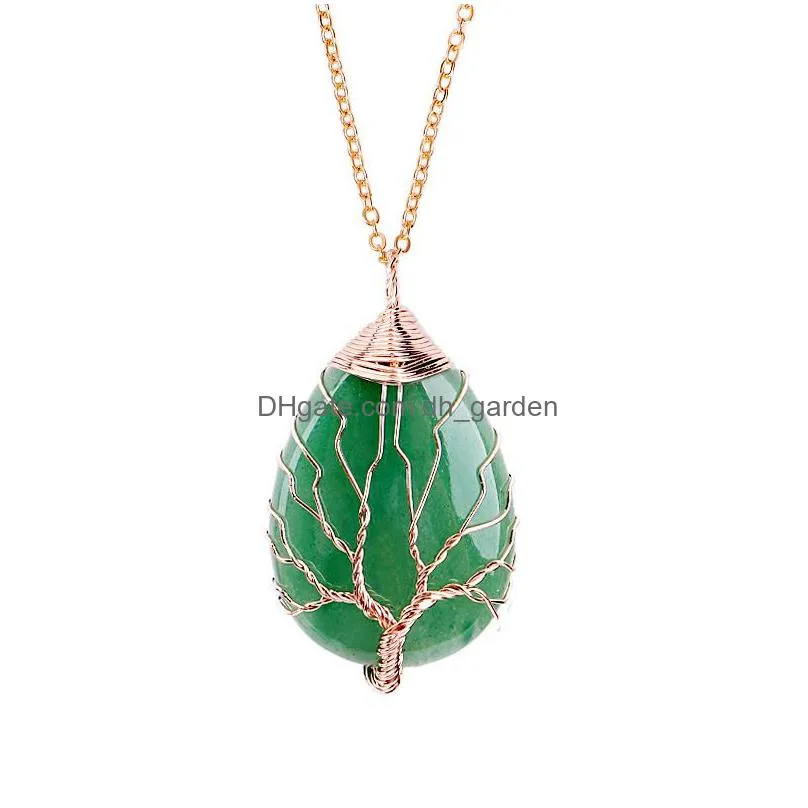oval natural stone necklace pendant jewelry copper line wrapped tree of life necklaces for women charm jewelry