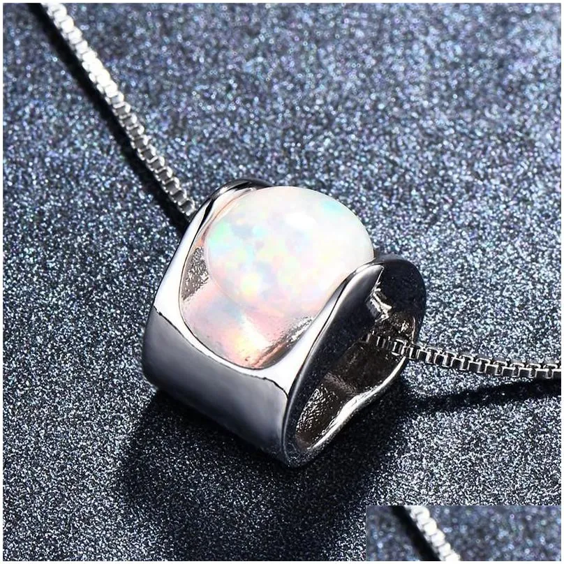 pendant necklaces bamos fashion female silver color blue/white round opal necklace wedding jewelry for women giftspendant