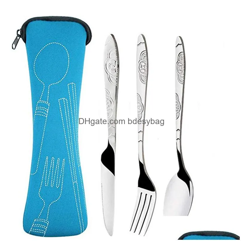 stainless steel flatware sets 3pcs knives/spoons/forks dishwasher safe modern tableware cutlery set with storage bag for camping