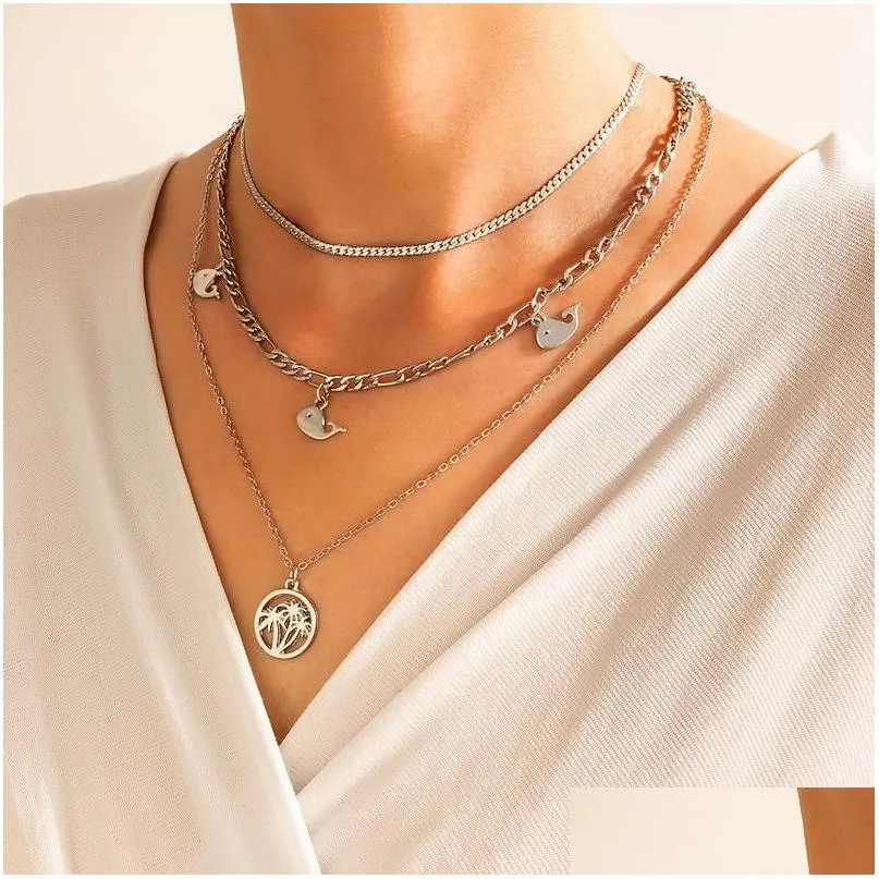 pendant necklaces huatang cute small fish tassel necklace for women girls silver color coconut tree hollow geometry alloy metal jewelry