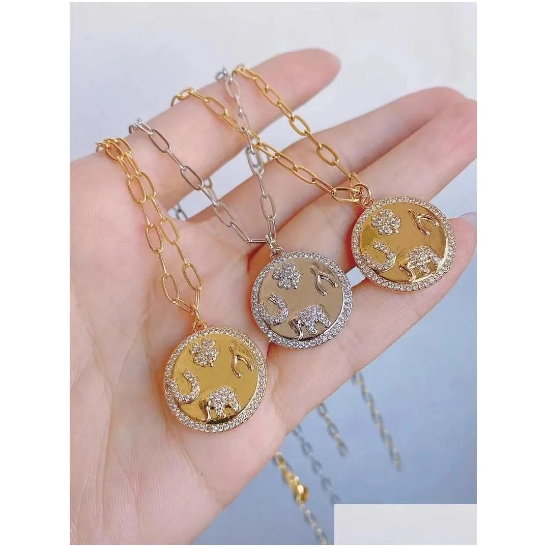pendant necklaces 5pcs lovely zircon cute elephant flower in round women paperclip chain female gold color necklace jewelry