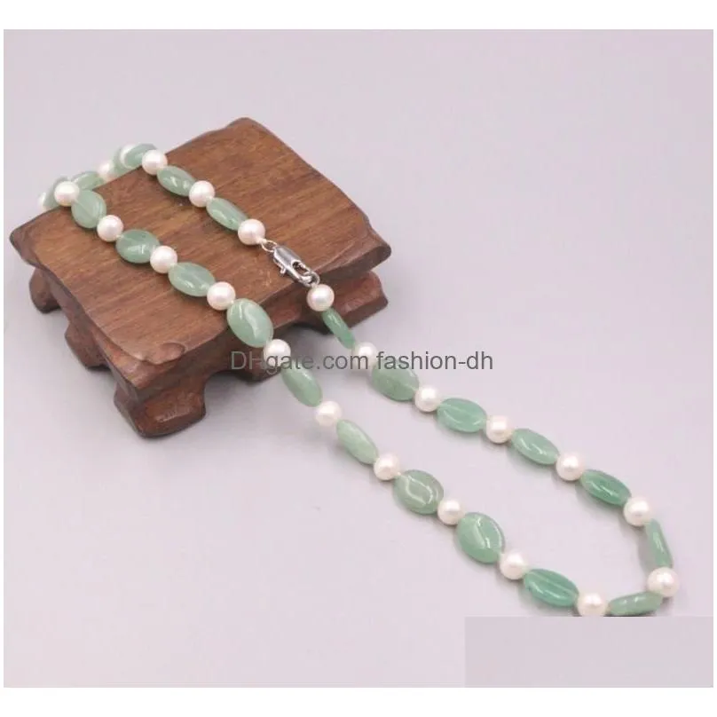 natural green jade 12mm oval flakes 9mm pearl beads link chain necklace for woman man 48cm chains