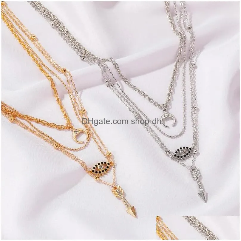 pendant necklaces gold silver color crescent moon eye arrow necklace women vintage multilayer tassel collar jewelry giftpendant