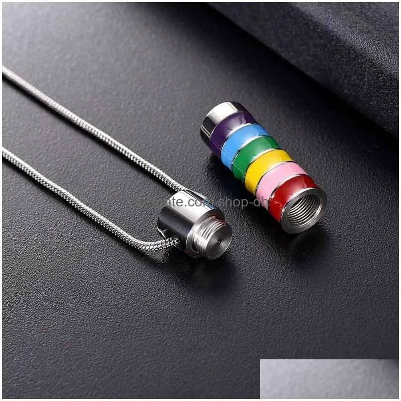 pendant necklaces stainless steel memorial necklace for men/women rainbow cylinder tube cremation jewelry ashes holder urns
