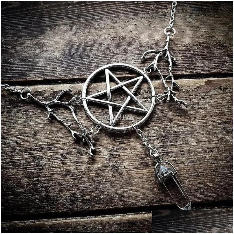 pendant necklaces gothic pagan inspired pentagram stone branches necklace witch punk mystical jewelry charm wedding magic wiccan gift