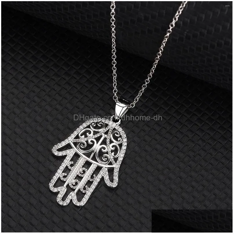 pendant necklaces hand of fatima silver hamsa palm hollow necklace with zircon for women girl friends gifts trendy clavicle chain