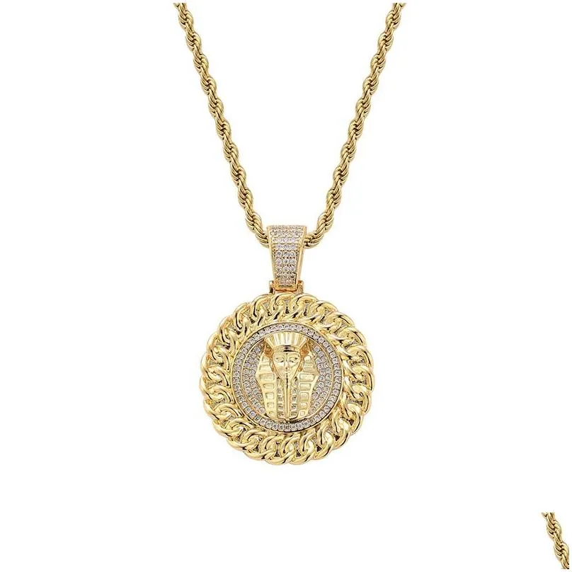 hip hop cz stone paved bling out egyptian pharaoh tutankhamun round pendants necklace for men rapper jewelry drop 