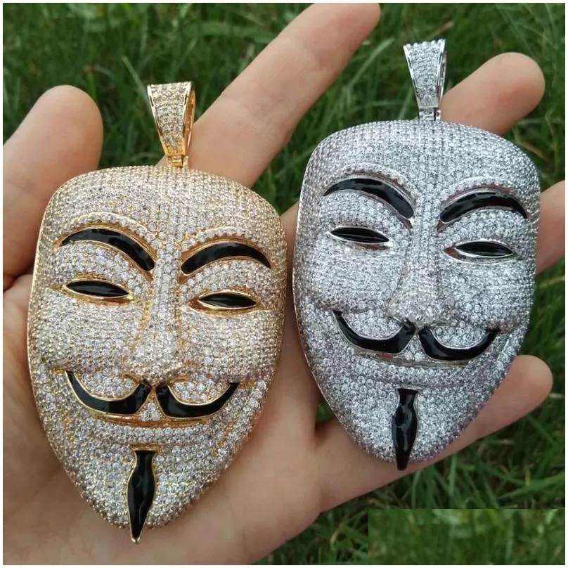 pendant necklaces big size mask of v for vendetta hip hop full iced out cubic zirconia necklace chain men fashion hiphop jewelry