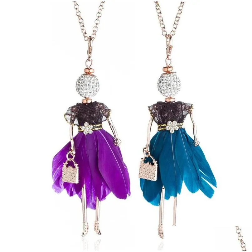 pendant necklaces crystal doll necklace for women 8 color irregular feather dress gold chain rhinestone jewelry girl gift