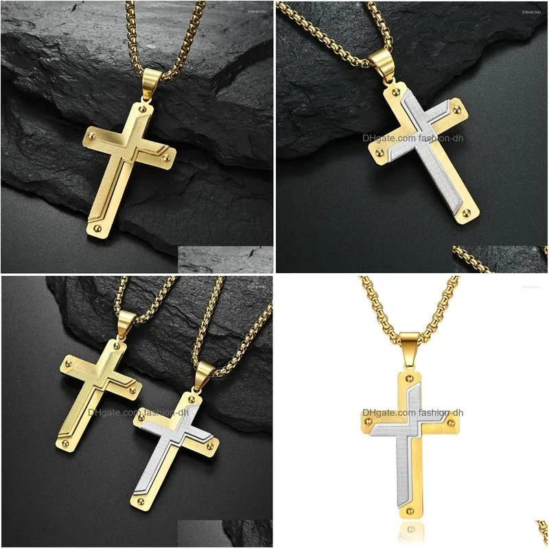pendant necklaces european and american style rivet threelayer large mens 18k gold plated twocolor pattern cross necklace