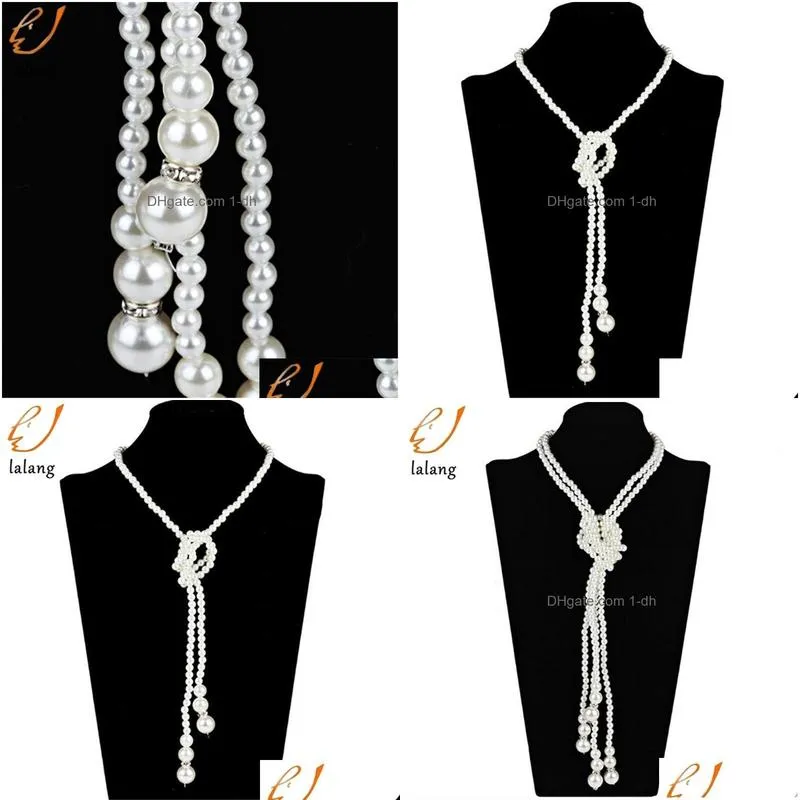 fashion womens vintage jewelry long knotted simulated pearl necklace beads sweater chain necklaces pendants wholesale chains